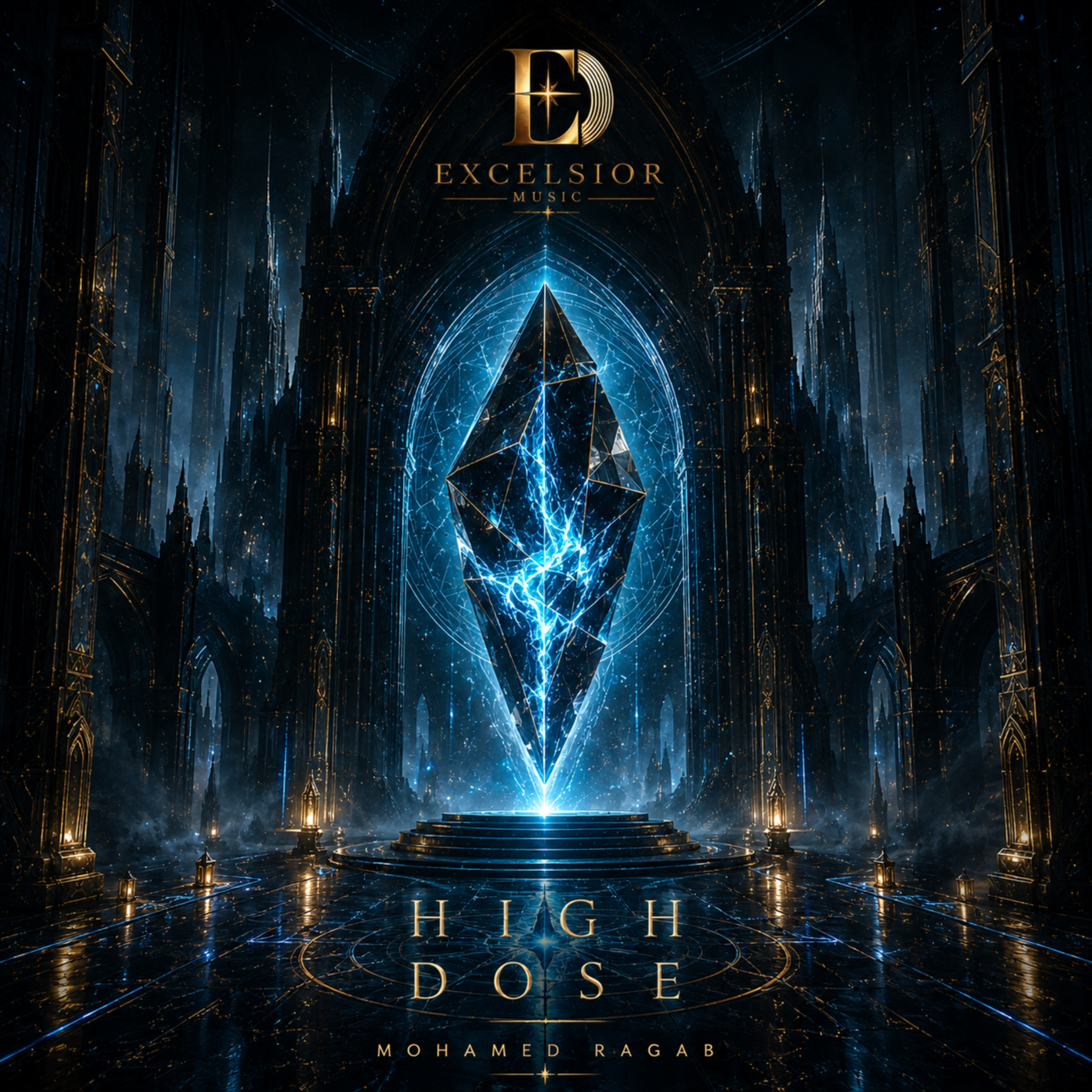 High Dose cover artwork: a blue electric crystal suspended in a dark, gold-lined hall
